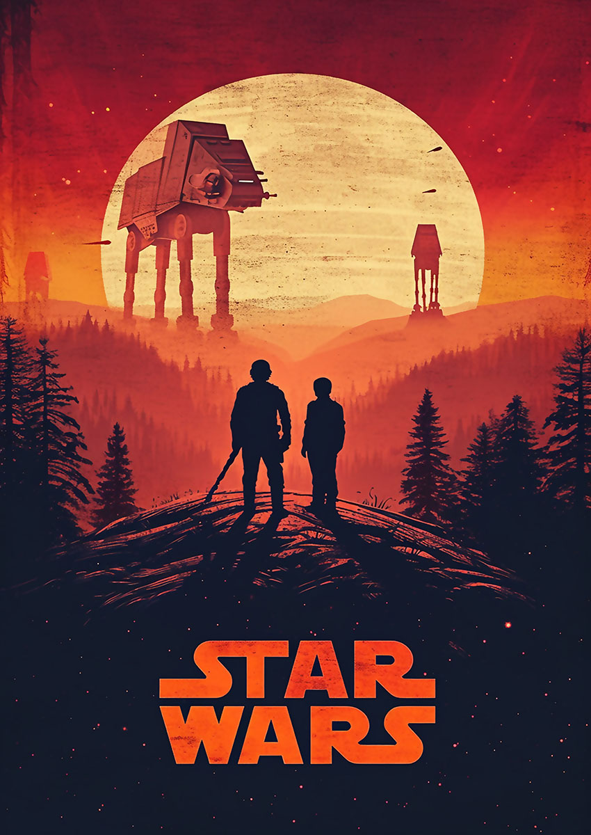 Dramatic artwork of a dark AT-AT style vehicle set against an orange sunset with silhouettes of mountains and trees.